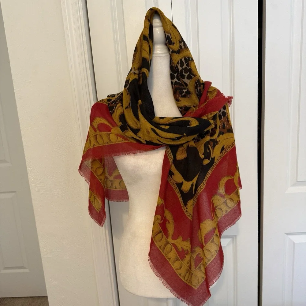 Vintage Domani Square Scarf Red Black Mustard Floral 46